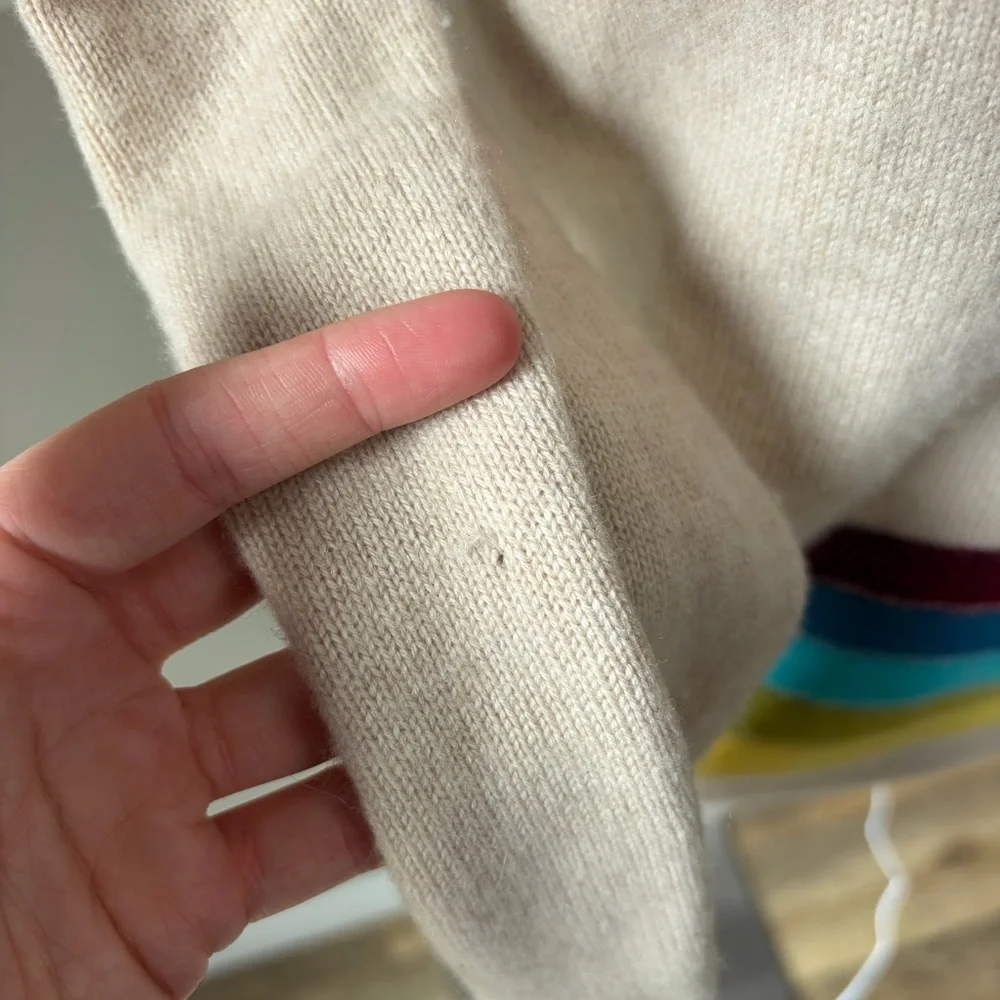 Tory Burch Oatmeal Rainbow Stripe Cashmere Crewneck Sweater